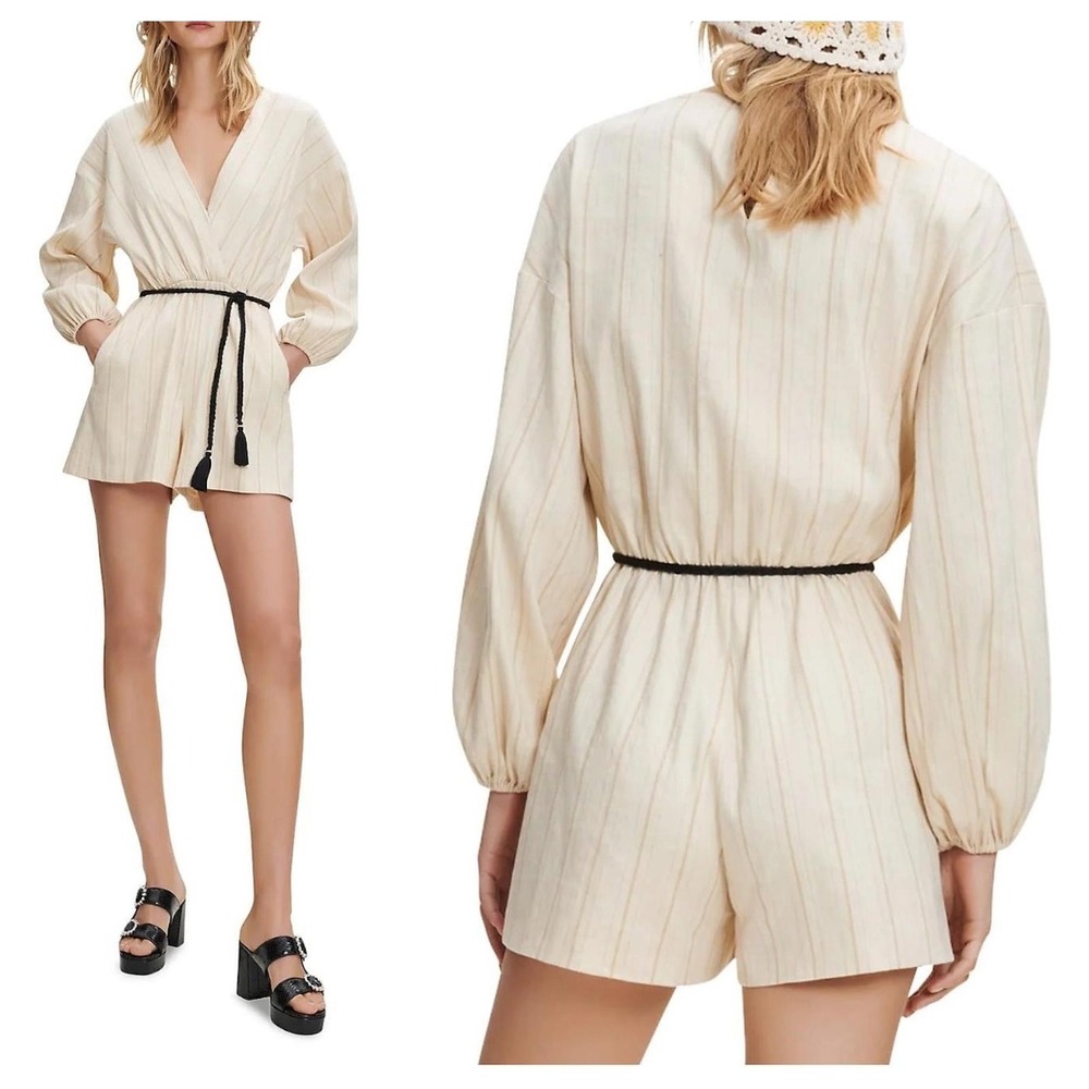 NEW Maje Ibioli Belted Beige Pinstriped Romper Neutral Chic Balloon Sleeve 36 4